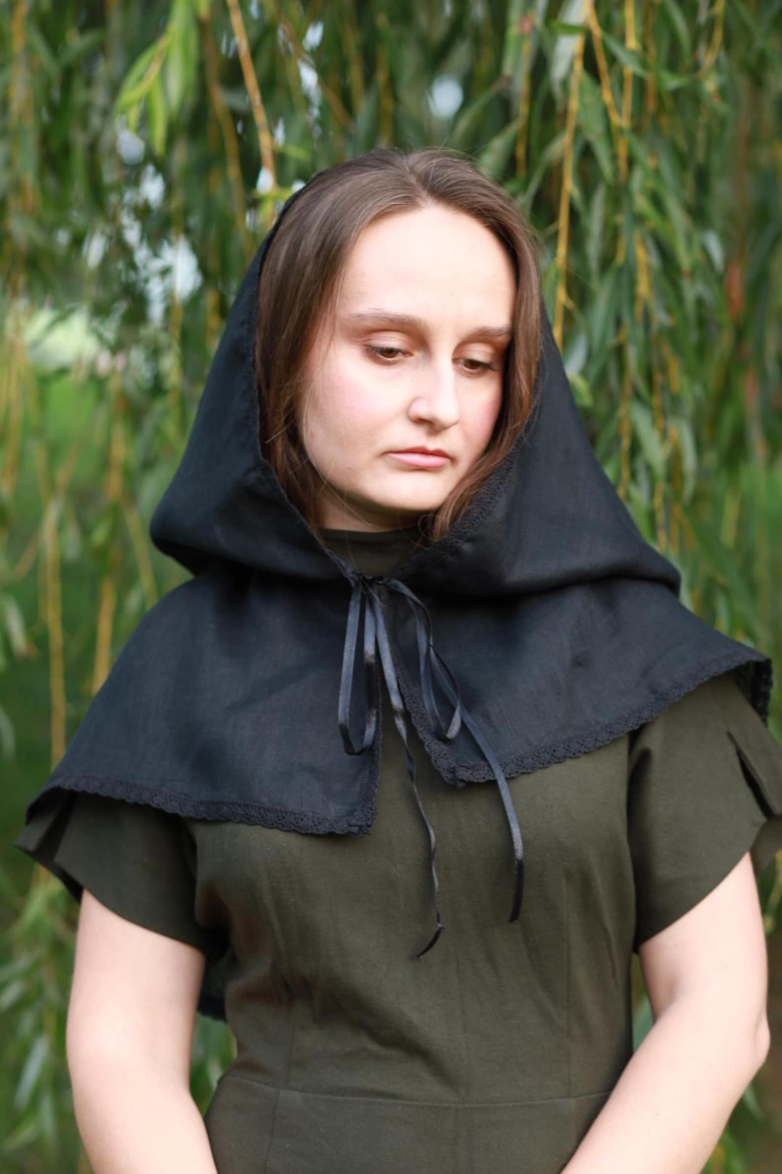 Victorian capelet black linen hooded lace trim shawl with ribbon tie, Modest church veil cowl, Gothic cloak style cover for weddings prayer