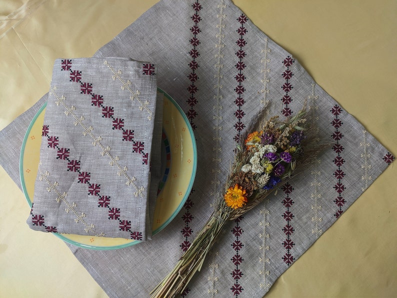 Embroidered Linen Napkin, Rustic Gray Cloth, Boho Dining Decor