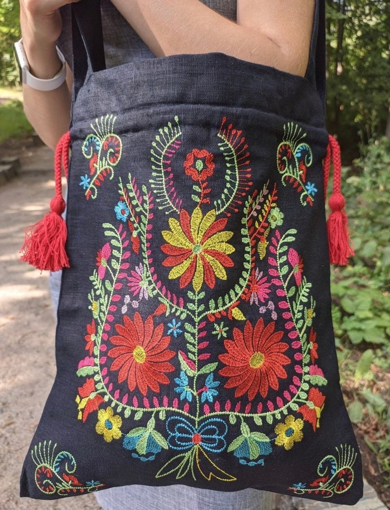 Black Embroidered Tote Bag with Floral Folk Pattern, Drawstring Shoulder Bag with Tassels, Statement Fabric Handbag