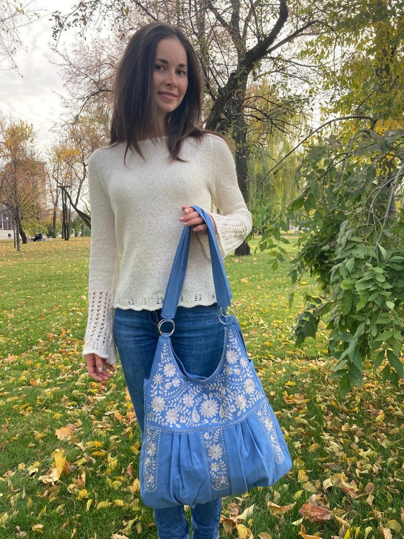 Blue linen embroideered hobo bag, Zipped boho bag, Cotton soulder bag, Women bag, Girl bag, Birthday gift, Bolso de lino, Christmas gift