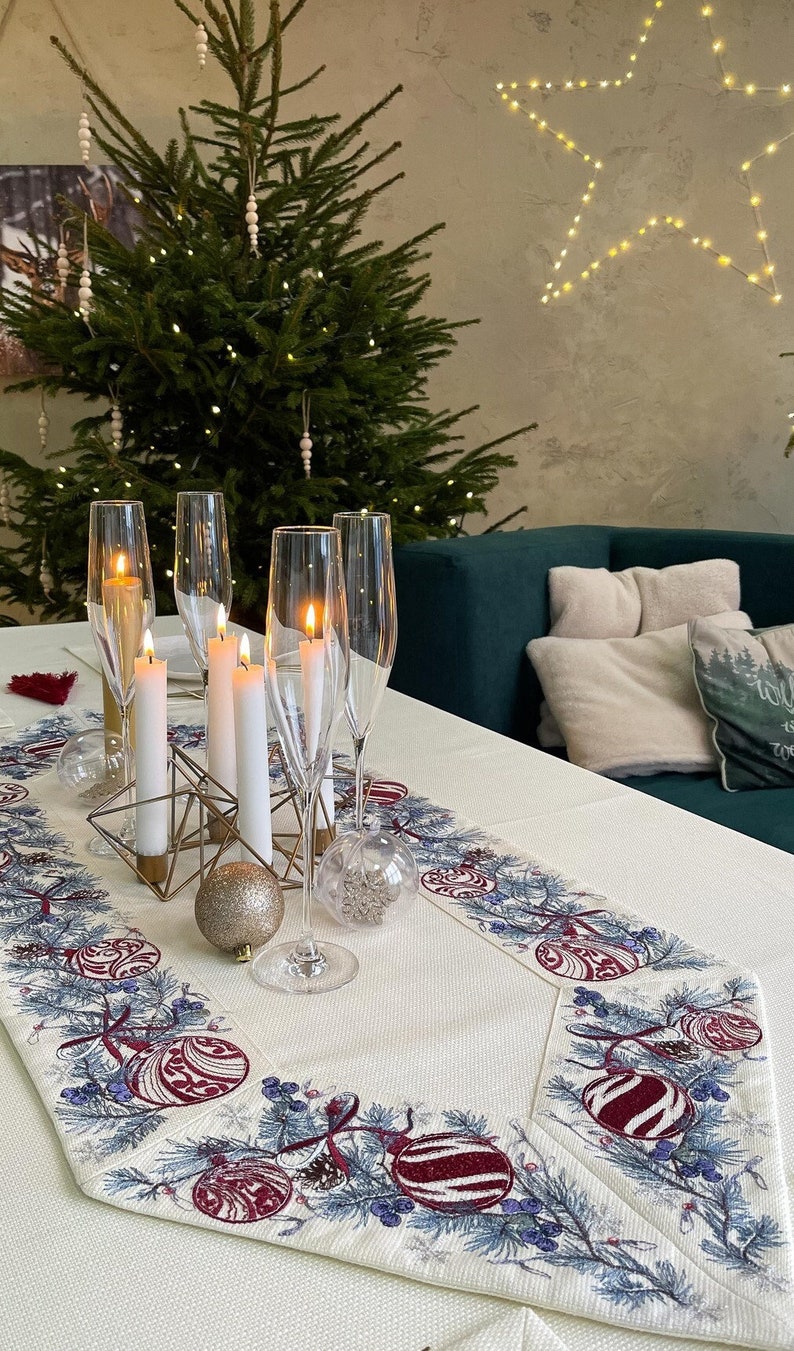 Xmas embroidered blue and red table runner, Scandi blue runner, Xmas table set, Runner with embroidered Xmas tree branch and balls