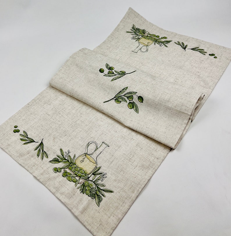 Olive Embroidered Runner, Linen Italian Rug, Vegetable Kitchen, Kitchen Tuscan Decor, Olive Branch Table Topper