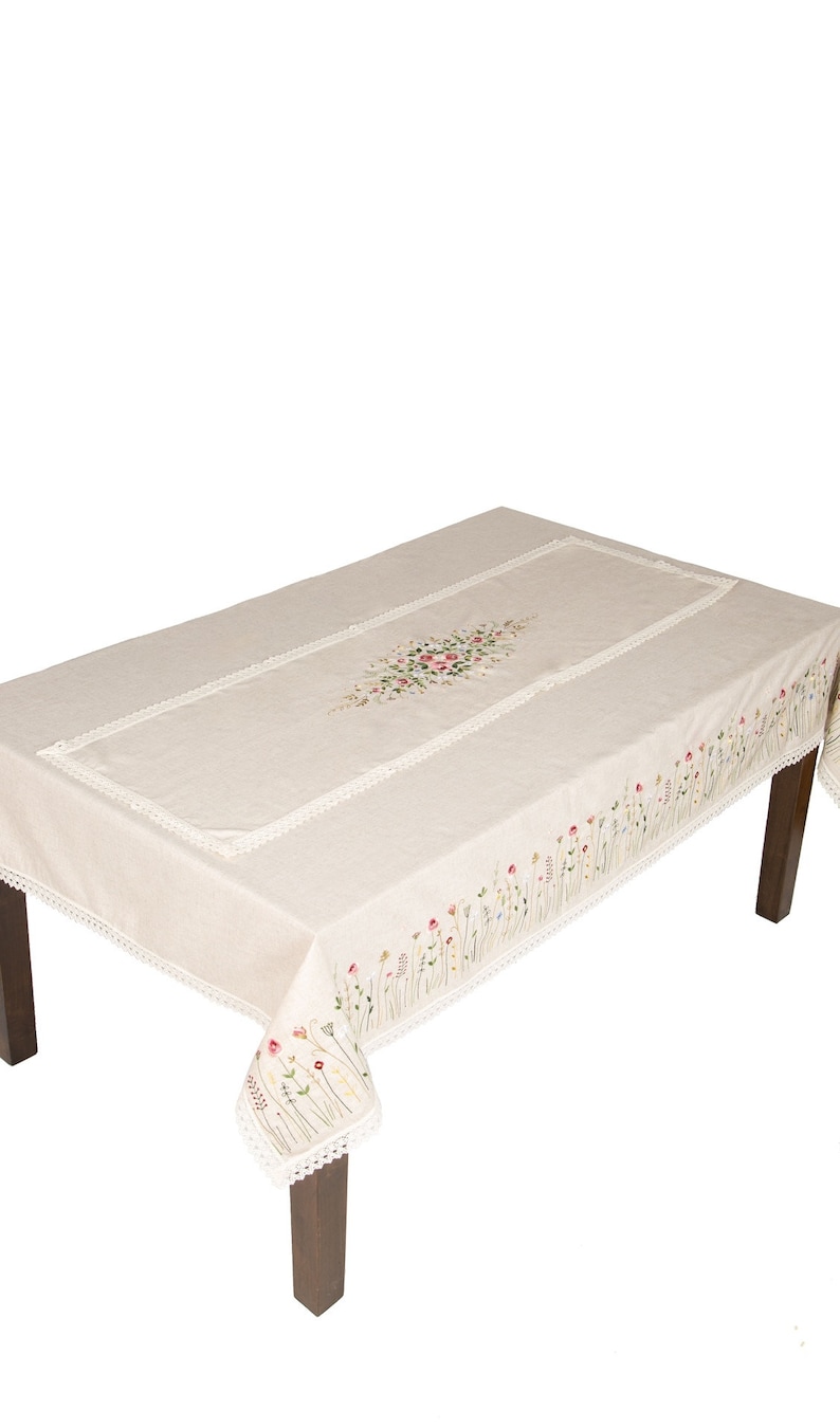 Natural Beige Linen Runner with Wildflower Embroidery and Crochet Lace Edge, Rustic Farmhouse Spring Dining Decor, Boho Topper Centerpiece