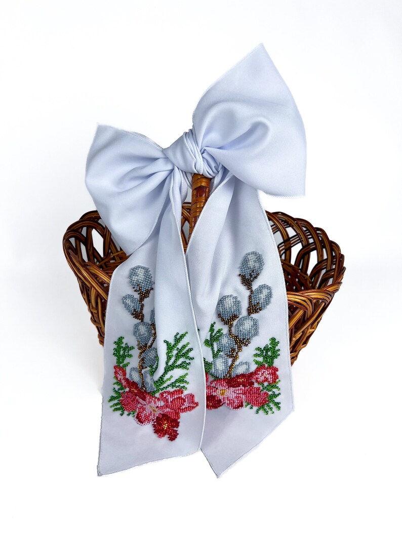 Easter hand made beadwork bow, Orthodox Easter basket bow, Easter basket ribbon with floral embroidery, Embroidered easter decor, Ukrainian