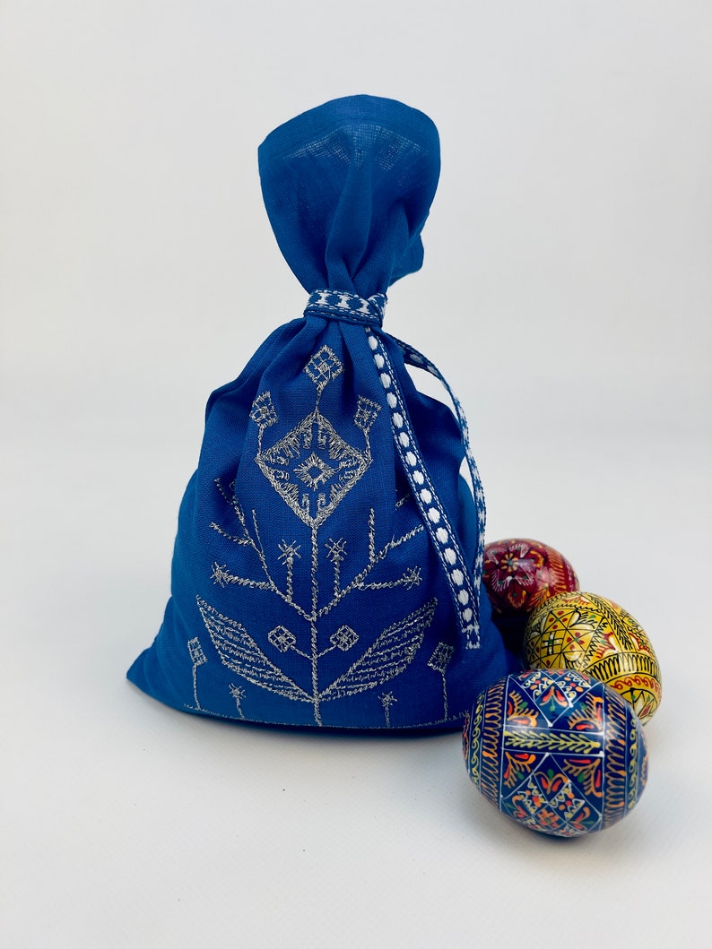 Blue Embroidered Linen Sack, Burlap Gift Storage Bag