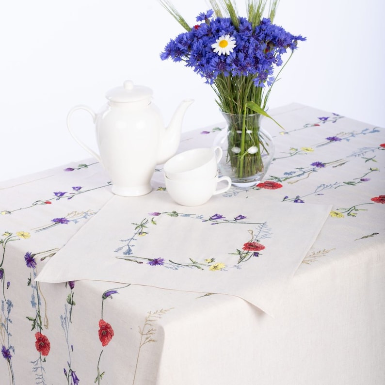 Linen Tablecloth and Napkin Set - Wildflower Embroidery, Rustic Cottage Decor
