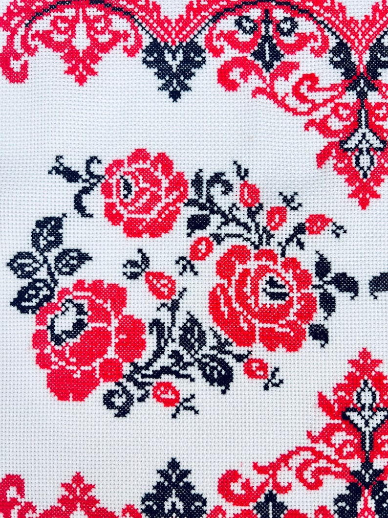 Hand Embroidered Wedding Towel, Red Roses, Ukrainian Souvenir, Cross-Stitched Decor