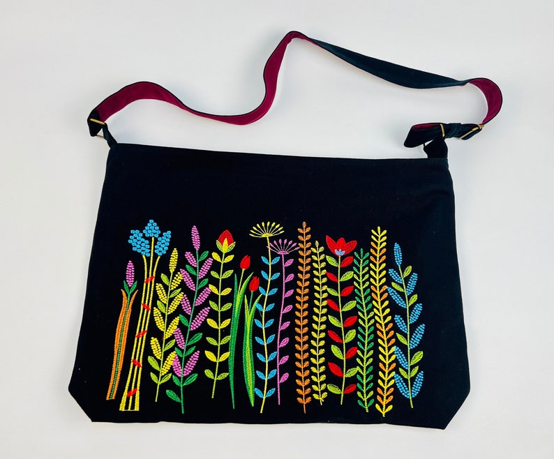Black embroidered shoulder bag, Colorful floral boho purse, Unique folk art crossbody bag, Eco-friendly fabric tote