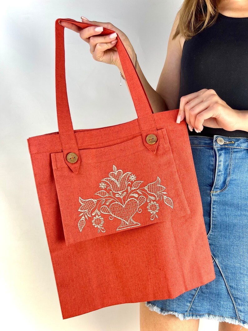 Grocery bag with floral embroidery, Terracotta linen tote bag, Natural shoulder shopping bag, Eco canvas tote bag, Personalized tote bag