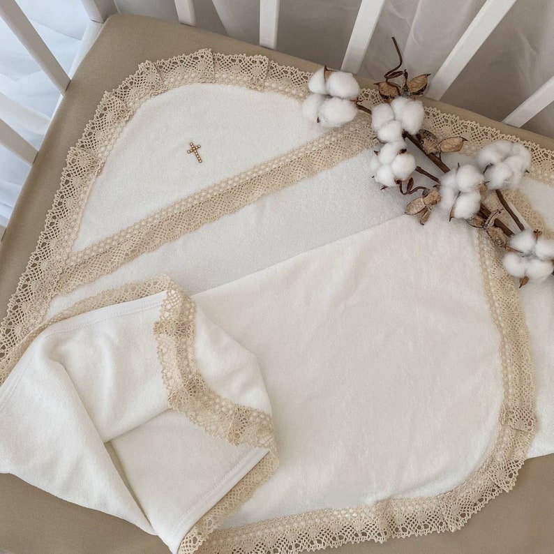 Baby swaddle blanket with lace, Christening baptism shawl, Cotton swaddle blanket, Super soft absorbent blanket, Baptized in Christ