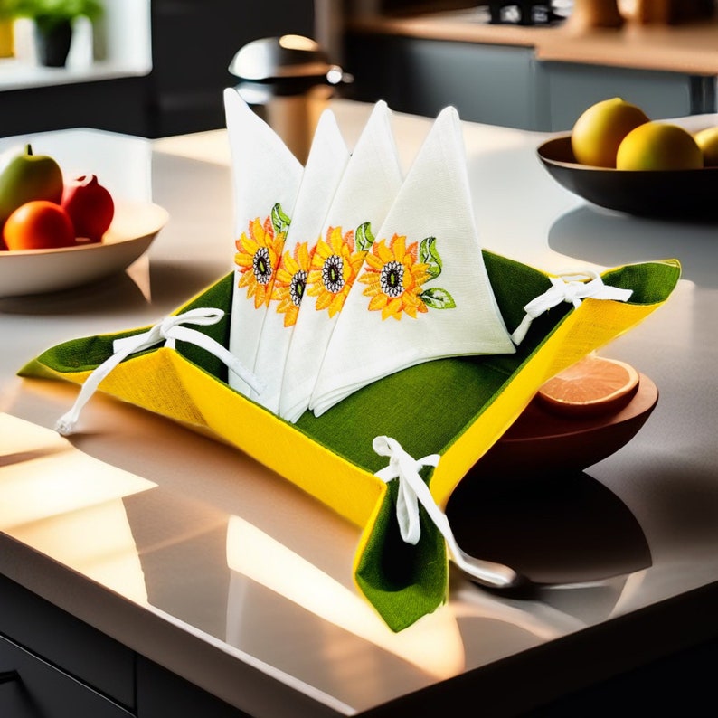 Sunflower Embroidered Linen Napkins Set with Bread Basket, Yellow & Green Fabric Basket, Rustic Kitchen Table Decor