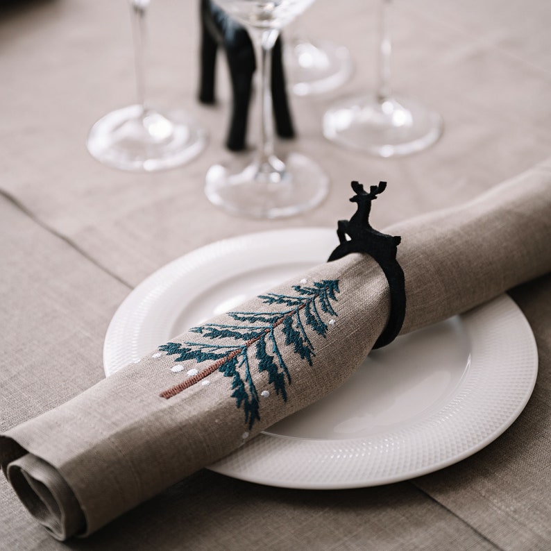 Beige Christmas napkins, Pine tree Christmas embroidered napkins, Winter decor, Christmas linen napkins, Cocktail napkins, Christmas table