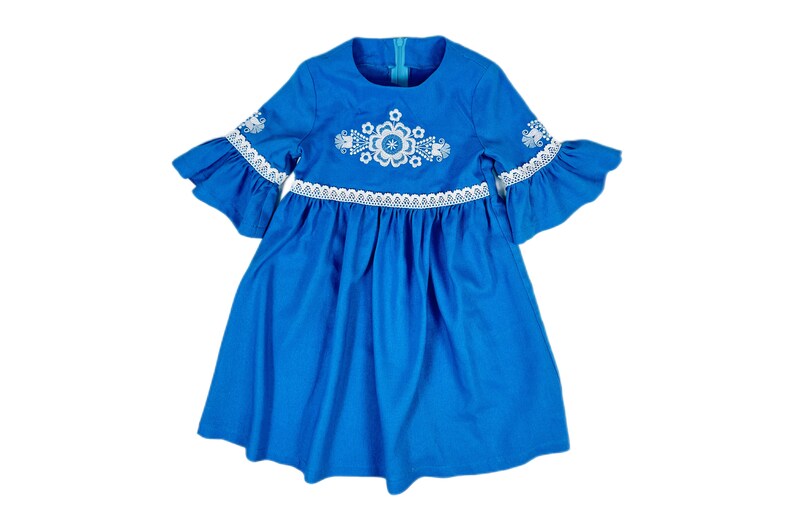 Embroidered Baptism outfit girl, Blue linen boho dress, First communion dress, Christening dress for girl, Wedding outfit girl, Ukraine gift