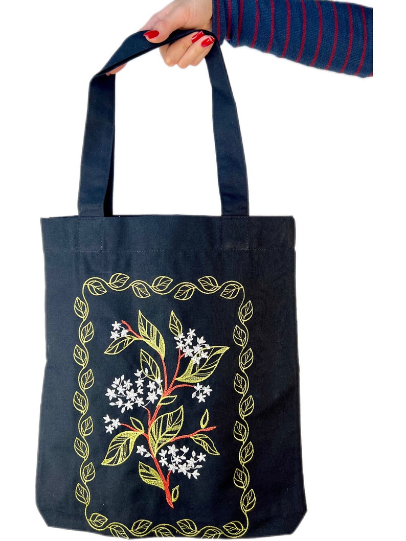 Black Cotton Tote Bag, Elderberry Embroidery, Eco Shopping Bag