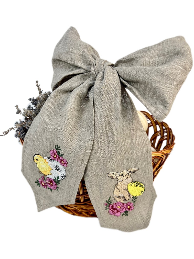 Linen Easter basket bow, Orthodox Easter Basket Covers, Easter basket sash with egg embroidery, Bunny basket bow, Seersucker Easter bow