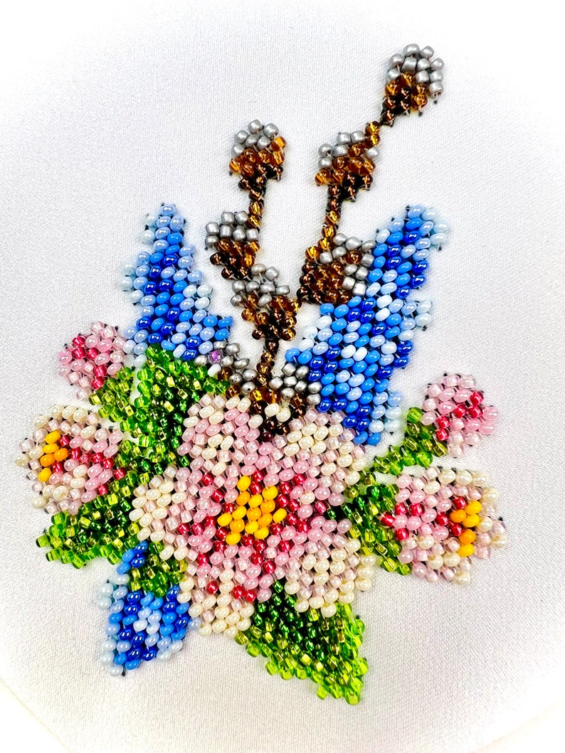 Bead Embroidered Floral Easter Basket Bow, White Satin Pascha Ribbon Decor