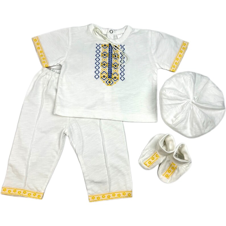 Yellow-blue cotton baptism outfit, Baby boy christening, Wedding outfit baby boy, Christian ceremonial clothing, Blue/White/Red outfit