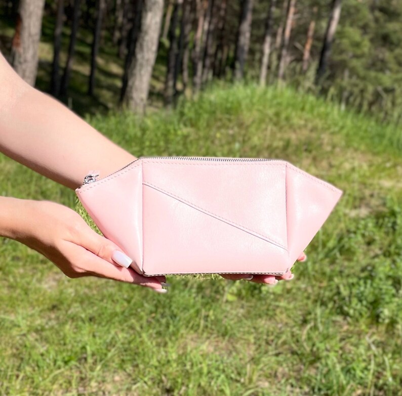 Blush pink vegan leather makeup bag, Zipper cosmetic pouch with lining & pockets, Origami side design, Travel organizer, Bridesmaid gift