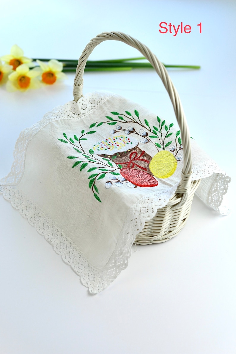 Vintage style linen embroidered basket cover with delicate lace trim, Colorful folk art design, Pascha basket cover, Spring decoration