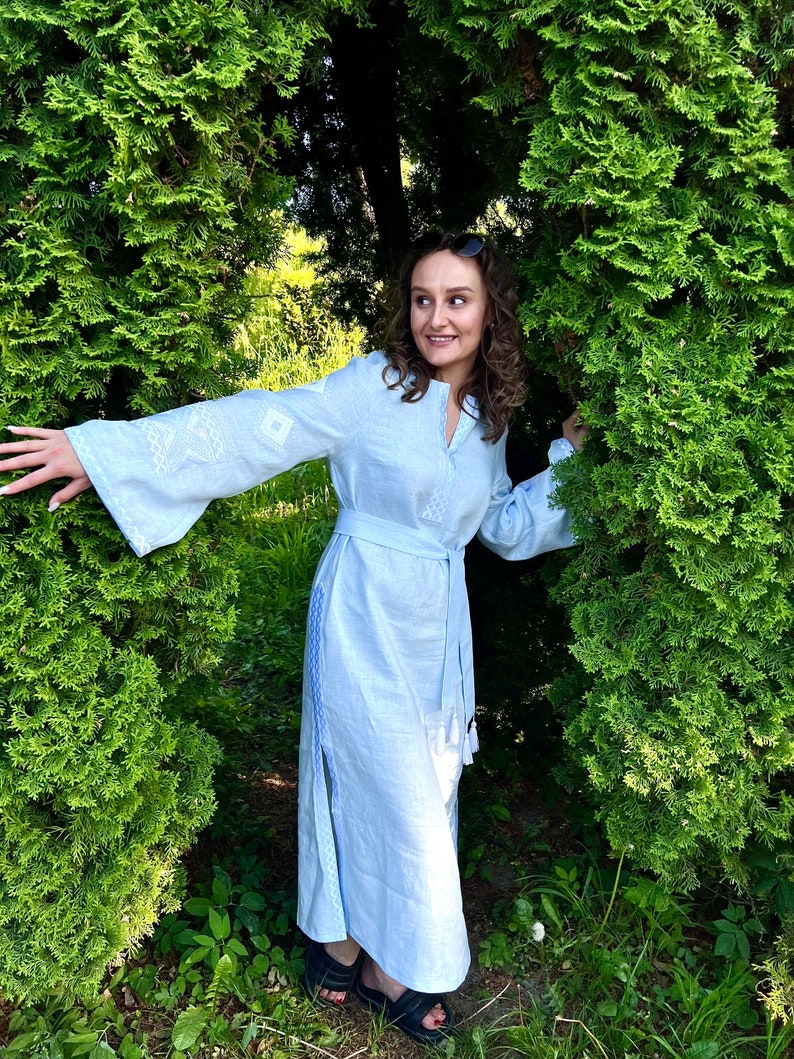 Elegant linen dress, Blue linen dress with white embroidery, Dress Vyshyvanka, Kimono dress, Ukraine ornament, Long sleeve dress