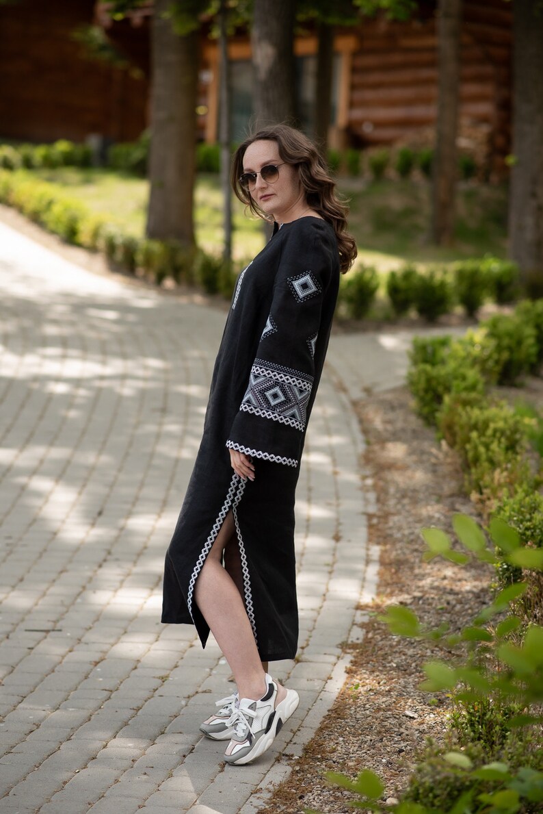 Black Embroidered Linen Dress, Ukrainian Vyshyvanka Maxi Dress, Boho Ethnic Long Dress with Belt, Folk Style vyshyvanka