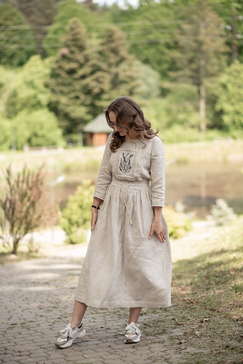 Linen Embroidered Dress for Women, Natural Linen Midi Dress with Floral Embroidery, Rustic Boho Linen Dress, Minimalist Cottagecore Dress