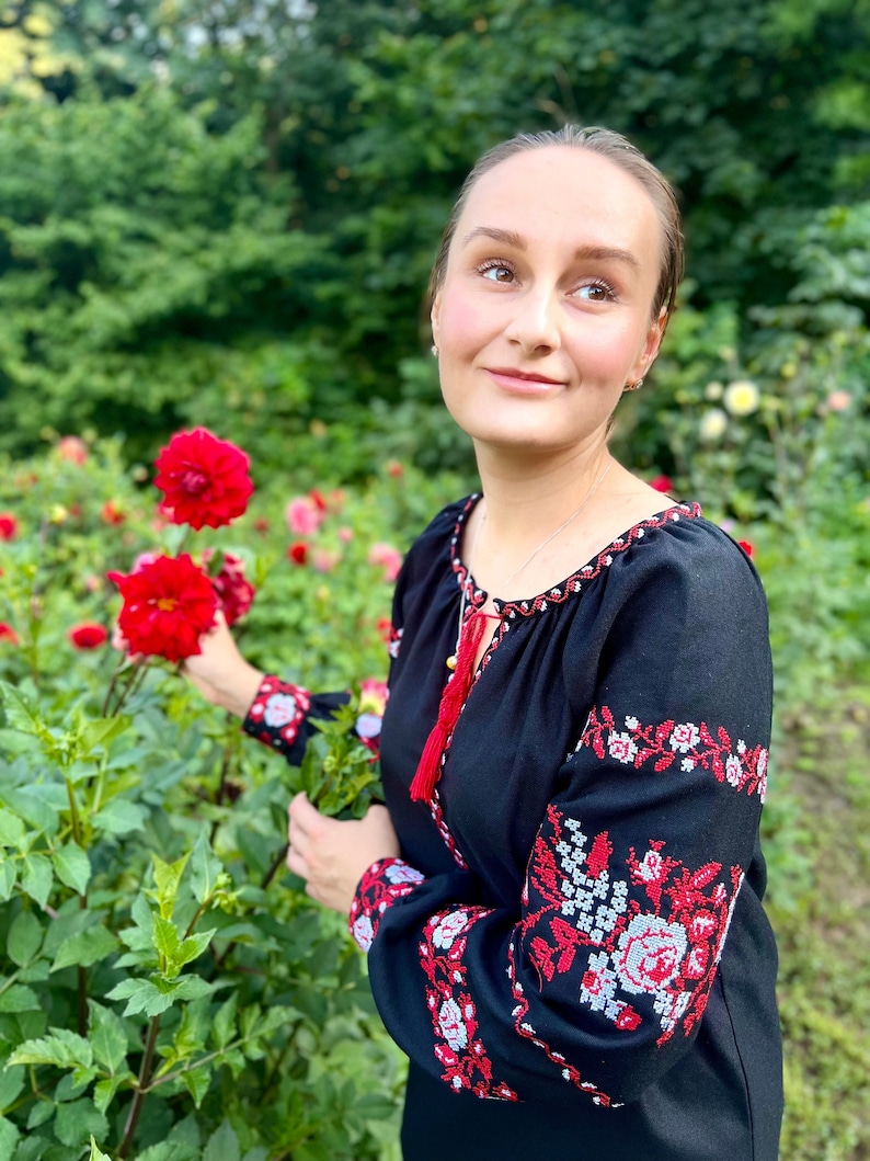 Black Boho Blouse with Embroidered Roses, Blouse Ukraine, Cotton Hungarian Blouse, Romanian Blouse, Embroidered Blouse