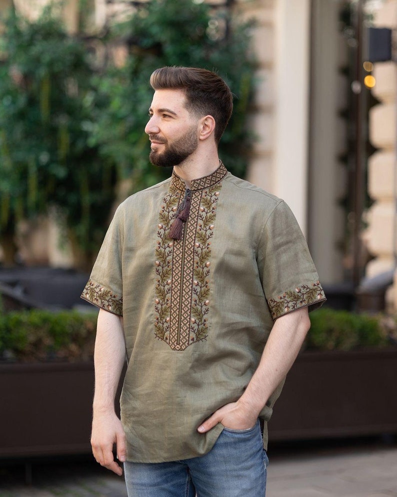 Men's Olive Linen Vyshyvanka Shirt, Ukrainian Embroidered Folk Top
