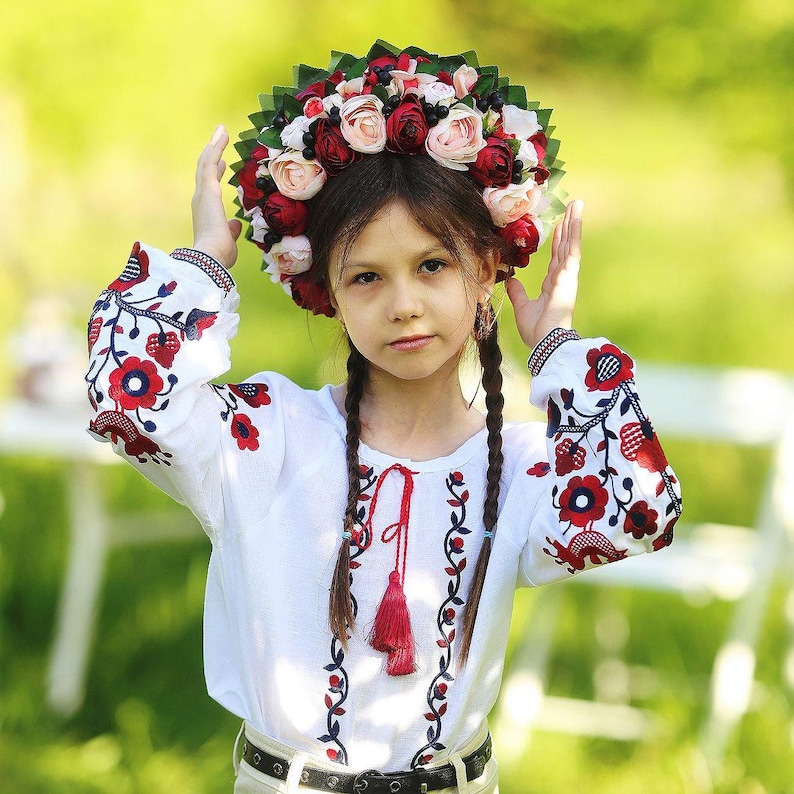 Red Embroidered Linen Vyshyvanka Blouse, Ukrainian Folk Girl's Shirt