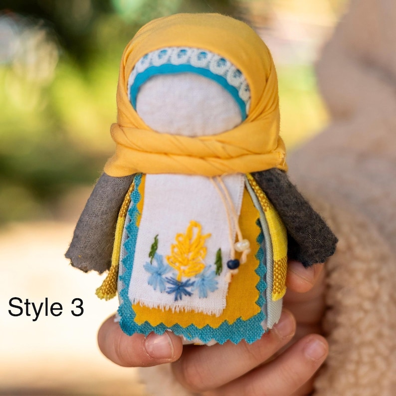 Handmade Slavic Motanka Rag Doll with Yellow Scarf, Faceless Ukrainian Folk Amulet with Embroidered Apron, Mini Talisman Gift