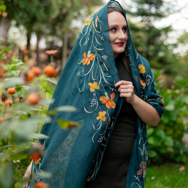 Floral embroidered green shawl, Boho wrap scarf with yellow-orange flowers, Lightweight Linen scarf for women, Nature inspired wrap