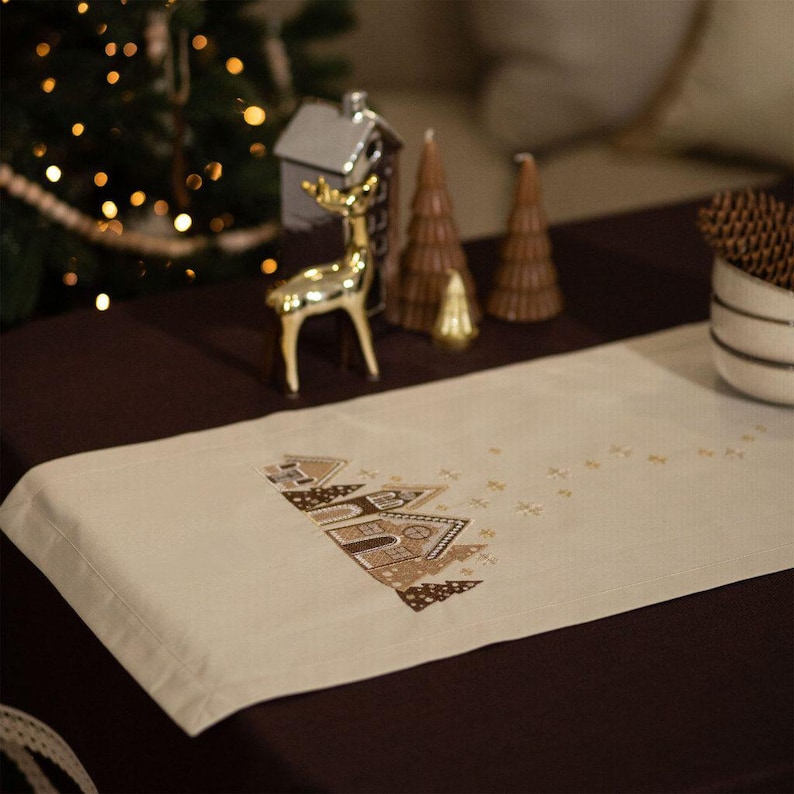 Christmas table runner with embroidered gingerbread house design, Festive holiday table decor, Beige linen tabletop accent