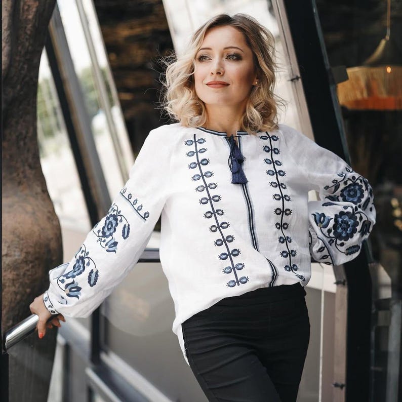 White linen embroidered blouse for women, Boho folk Vyshyvanka, Elegant traditional Ukrainian shirt, Floral pattern top