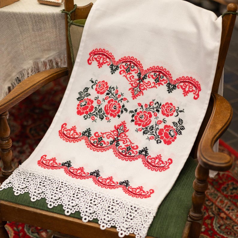 Ukrainian Embroidered Rushnyk Towel with Red Roses and Lace, Traditional Folk Cross Stitch Linen Decor, Wedding Ritual Cloth