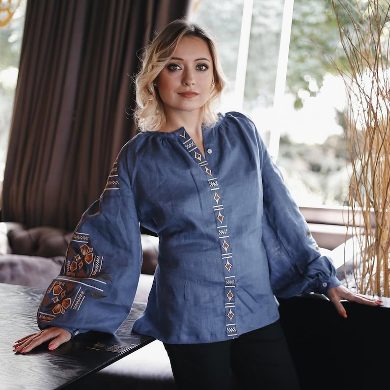 Blue Linen Embroidered Blouse for Women with Traditional Folk Pattern – Ethnic Shirt with Long Sleeves and Elegant Ukrainian Style
