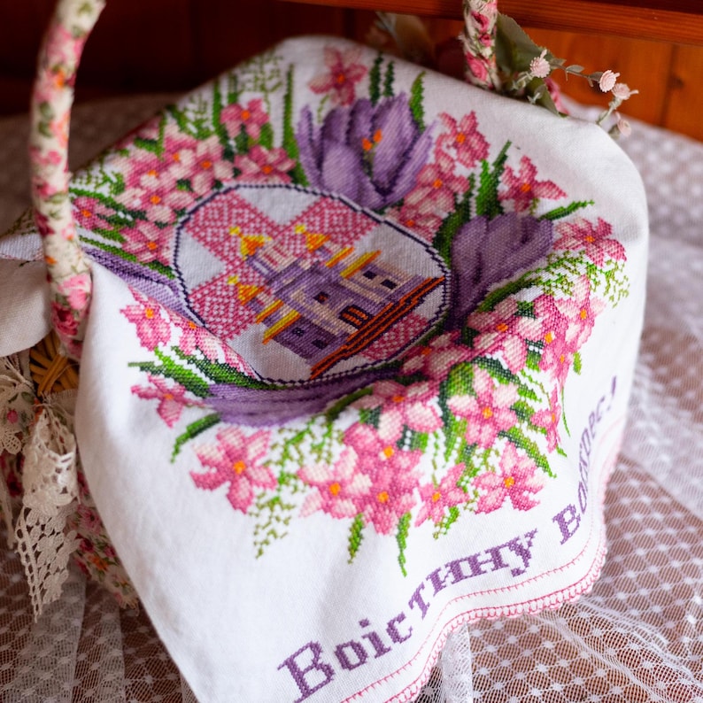 Handmade embroidered basket cover – Easter floral cross stitch with church and spring flowers, Perfect for holiday celebrations