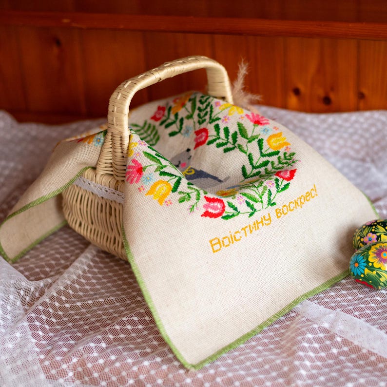 Handmade embroidered Easter basket cover with bunny and floral wreath design, Linen Paschal cloth, Orthodox Christian gift