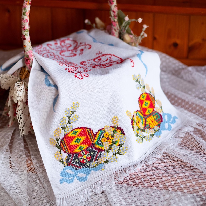 Orthodox Easter Embroidered Rushnyk Towel with Pysanky Eggs, Pussy Willow and Blue Ribbon, Ukrainian Basket Cover “Воістину Воскрес”