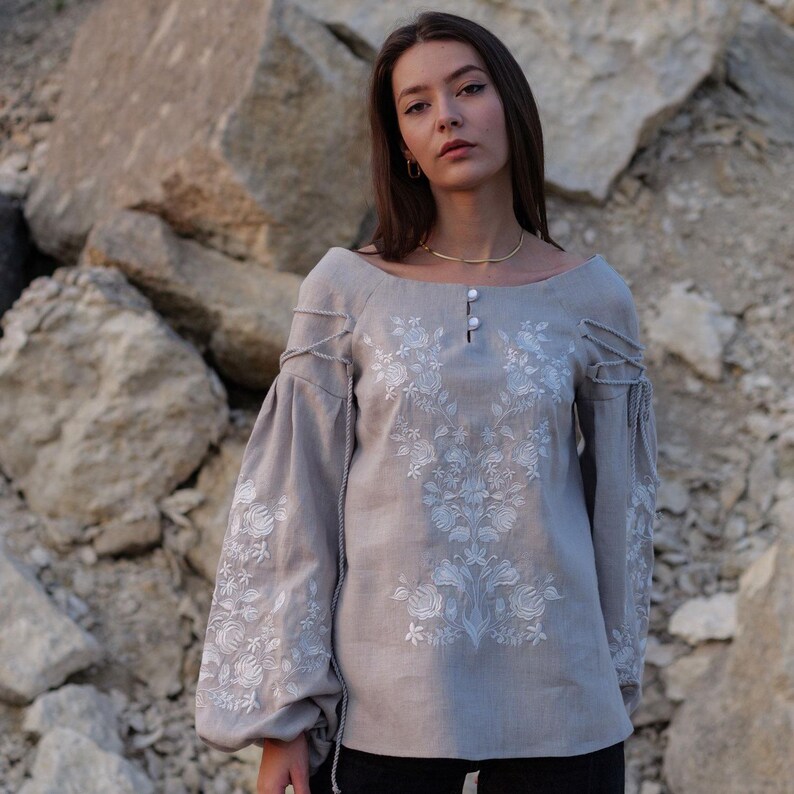 Linen embroidered blouse in taupe gray, Elegant boho style top with floral pattern, Balloon sleeves, Vyshyvanka for casual or festive wear