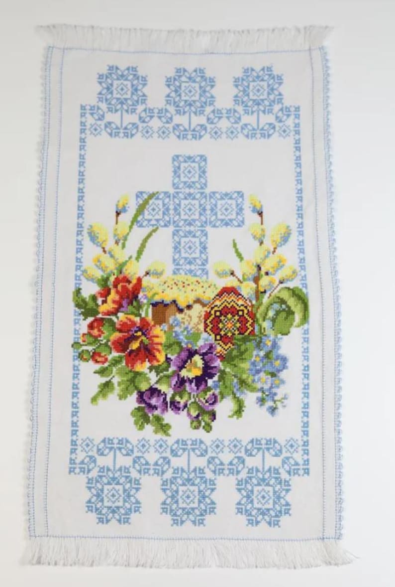 Easter basket cover with blue cross embroidery and spring floral design, Handmade religious decor, Easter basket cover, Orthodox Easter
