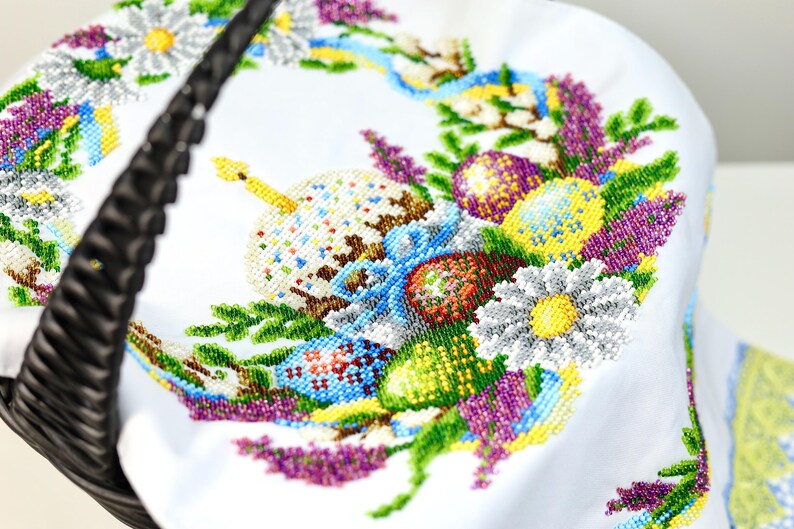 Handmade beaded Easter basket cover, Traditional embroidered cloth with lace, Festive Easter decor, Orthodox Pascha basket wrap