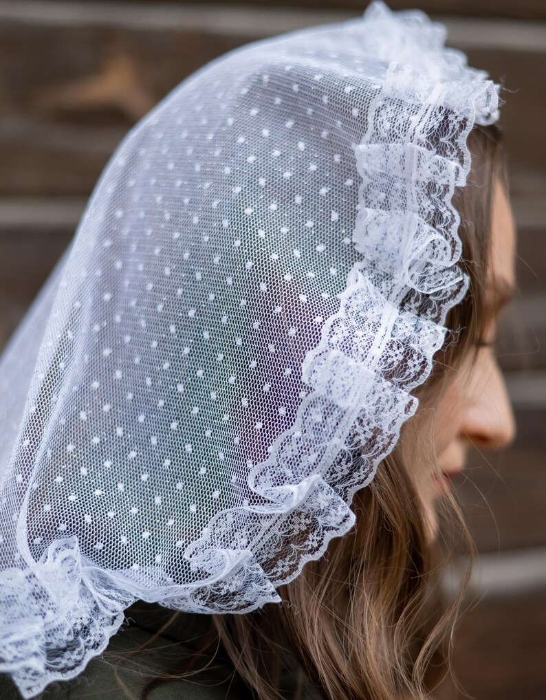 White polka dot mantilla veil with lace trim – Elegant headcovering for church, weddings, or special occasions