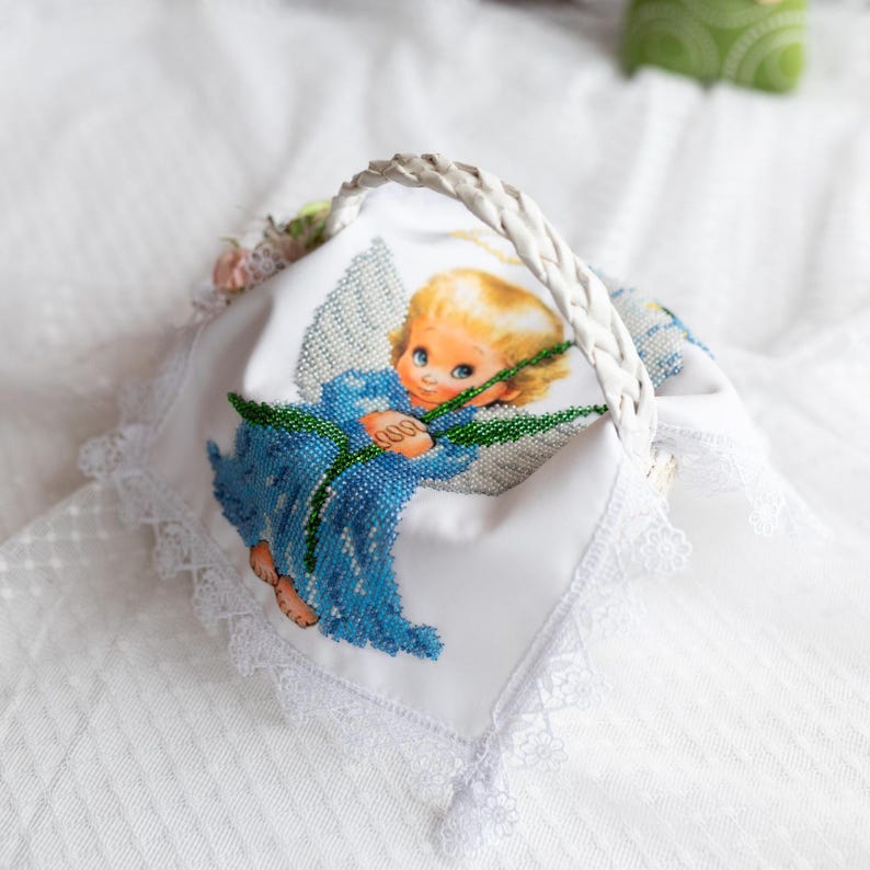 White Easter Basket Cover with Beaded Angel and Blue Flower Design, Lace Trimmed Decorative Cloth for Church or Holiday Blessing