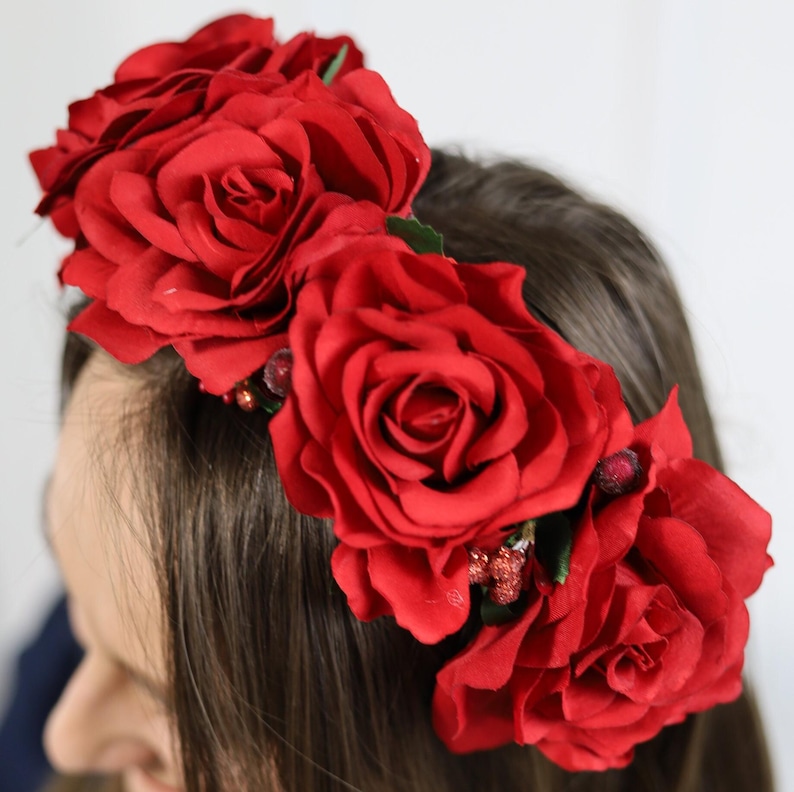 Handmade Red Rose Flower Crown, Boho Wedding Headpiece, Gothic Floral Headband, Frida Kahlo Inspired Tiara, Festival Hair Accessory
