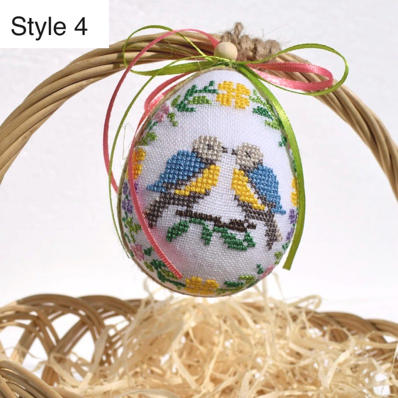 Ornament with colorful birds and floral wreath, Embroidered Easter egg – Fabric hanging spring decoration for basket, tree or gift