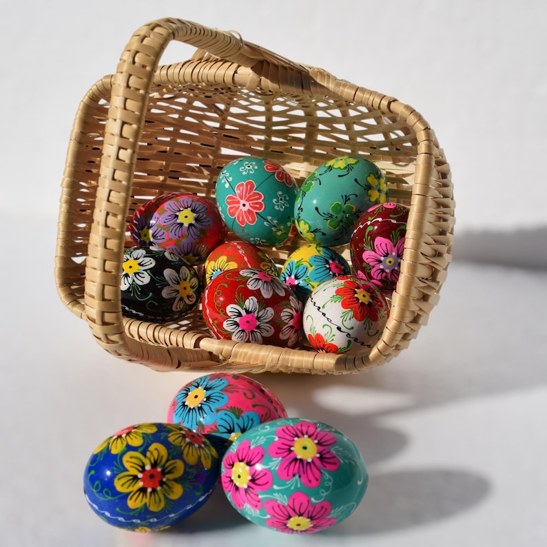 Colorful Hand Painted Egg Decor Set, Folk Art Floral Eggs, Bright Spring Table and Basket Accent
