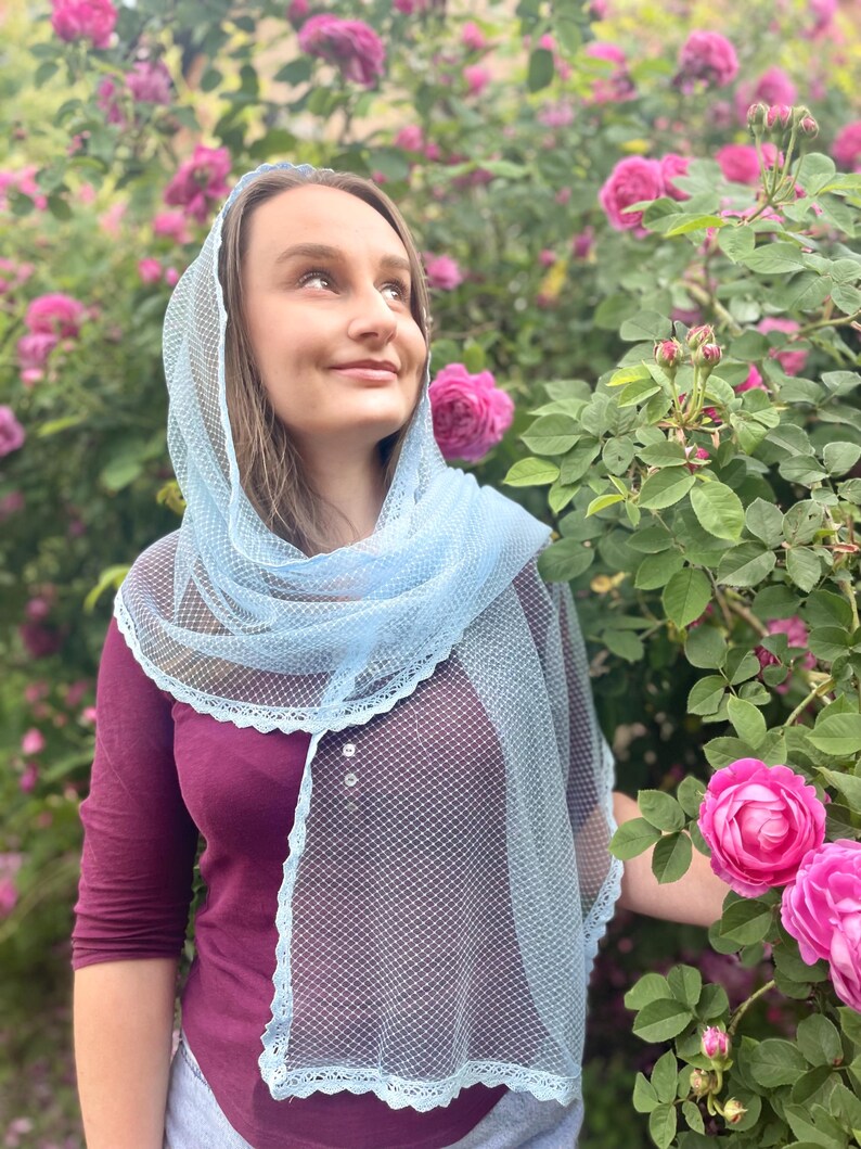 Sky-blue mesh mantilla veil, Soft tulle head scarf with delicate lace edge for mass, prayer, wedding or everyday modesty