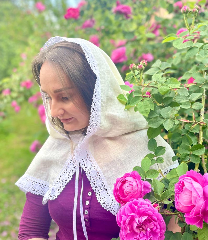Handmade ivory linen chapel veil for women with crochet lace trim, Modest head covering for church, prayer, mass or spiritual events