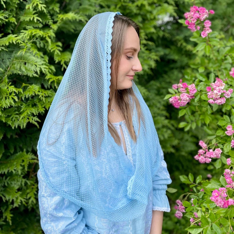 Light blue christian veil with lace edge for church, Modest mesh head covering for women, Soft infinity chapel scarf for mass or prayer
