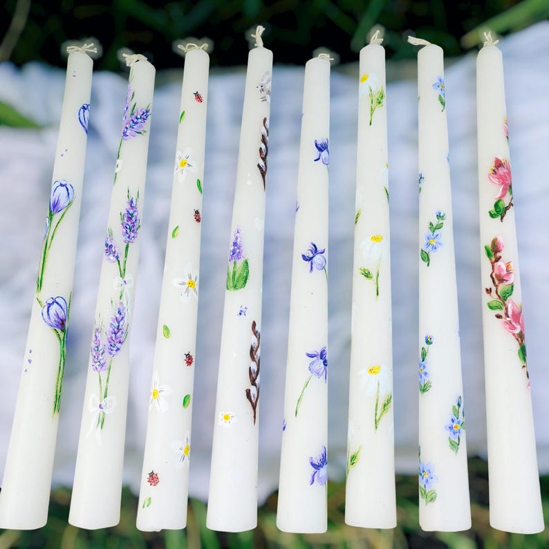 Hand painted floral taper candle set spring botanical dinner candles with wildflowers lavender daisy and forget me not